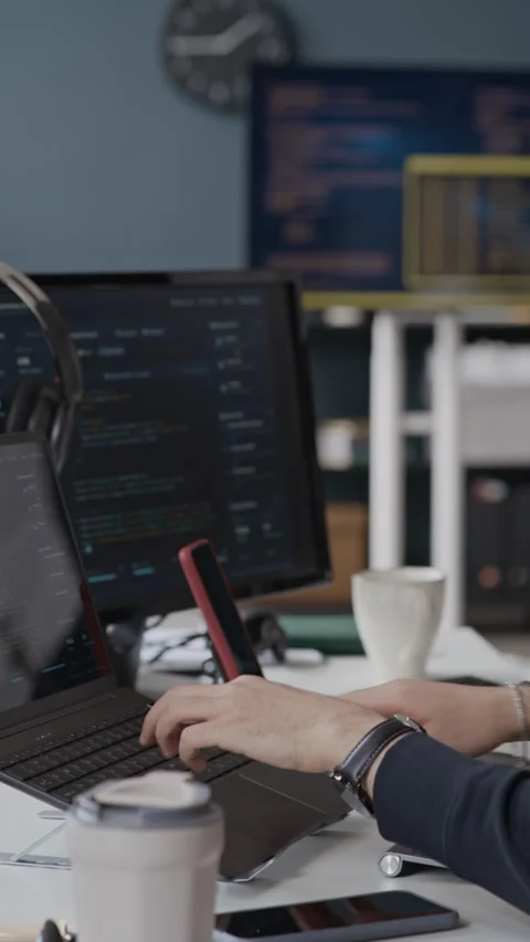 Middle Eastern Programmer Eating Takeout Lunch Working on Laptop in Office Video stock 337486690