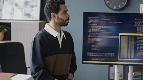 Middle Eastern Programmer Presenting Code on Screen in IT Office Meeting Video stock 337487854