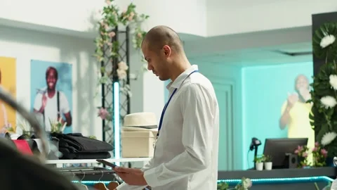 Middle eastern retail worker sorting new collection of merchandise Stock Footage 319520776