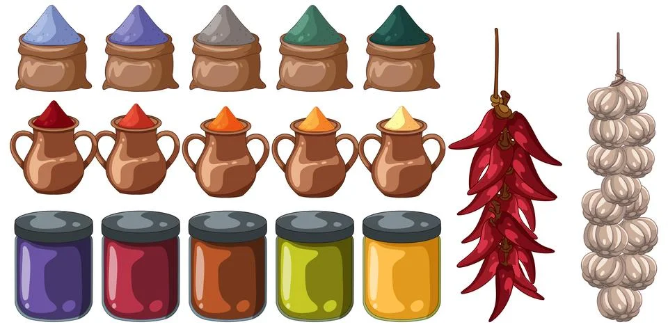Middle Eastern Spices, Jars, and Herbs Vector Illustration Stock Illustration