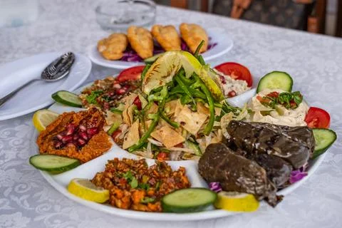 Middle Eastern traditional dinner. Authentic arabian cuisine food. Assorted o Stock Photos