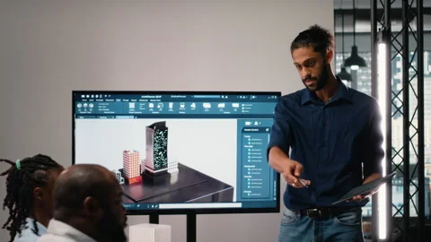 Middle eastern urban developer presenting blueprints master plan to colleagues Stock Footage 316652397
