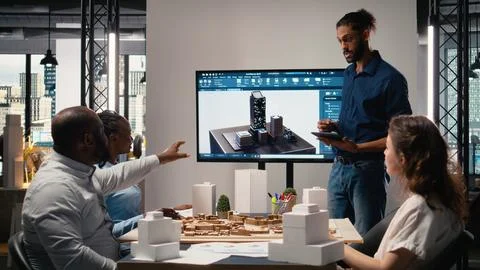 Middle eastern urban developer presenting blueprints master plan to colleagues Stockfoto's