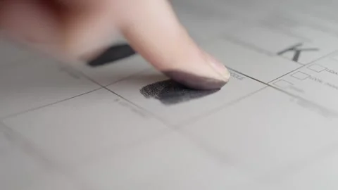 Middle finger close up shallow depth of field finger printing document Stock Footage 249290389