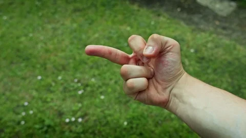 Middle finger gesture facing away white male hand on grass backdrop Stock Footage 310964084
