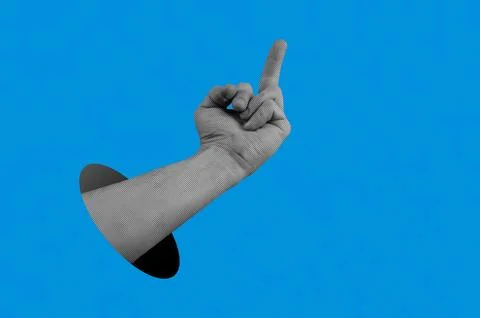 Middle finger gesture offensive, halftone collage. Pop art hand sign. Stock Photos