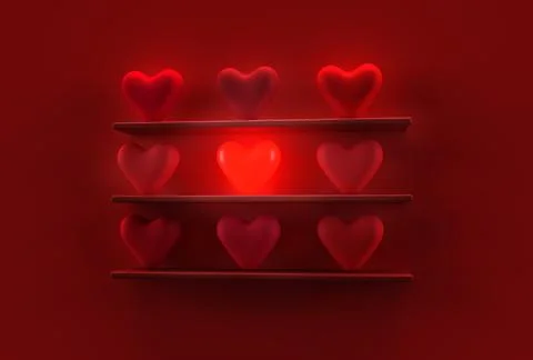 A middle luminous heart surrounded by red hearts. 3d rendering illustration. Stock Illustration