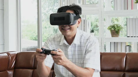 Middle man in modern virtual reality headsets and holding wireless controller Video stock 138309556