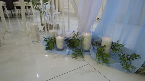 Middle shot of decorated photo zone. Beautiful wedding decor. Restaurant hall Stock Footage 148564650