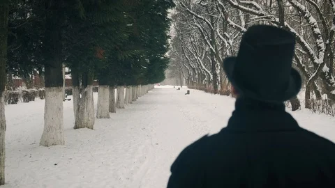 Middle view shot: A man in a black cloak and hat walks in the park alley. 60fps Vídeos de archivo 102178939