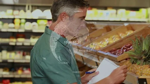 Middleaged man checking pad in grocery causing globe data overlay, inspecting Stock Footage 335480849