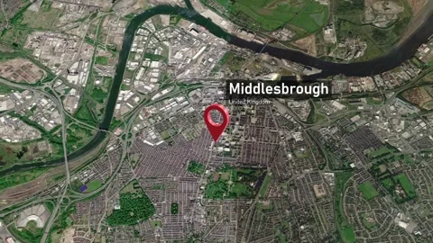 Middlesbrough City Map Zoom (UK) from Space to Earth Stock Footage 243286216