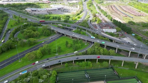 Middlesbrough, UK - 15th May 2023; Timelapse aerial shot of a motorway junction Stock Footage 280046922