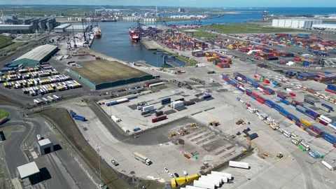 MIddlesbrough, UK - 15th May 2023; Aerial drone shot of the Port of Teeside Stock Footage 280046923