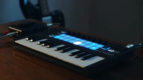 Midi Controller And Audio Interface Blinks With Colorful Lights Stock Footage 131431701
