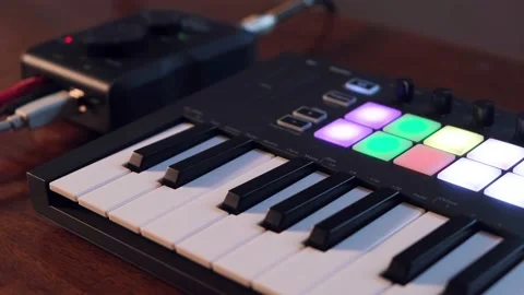 Midi Controller And Audio Interface Blinks With Colorful Lights Stock Footage 131431707