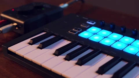 Midi Controller And Audio Interface Blinks With Colorful Lights Stock Footage 131431713