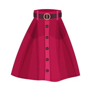 Midi Red Buttoned Flared Skirt with Belt and High Waist Isolated on White Stock Illustration