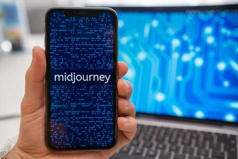 Midjourney artificial intelligence logo on the screen of mobile phone Stock Photos