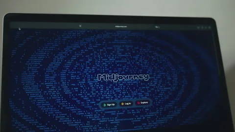 Midjourney interface on a computer screen with blue digital art Stock Footage 333537805
