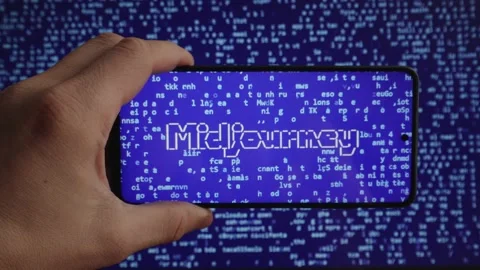 Midjourney on your phone screen. Artificial intelligence for image generation Stock Footage 233244859