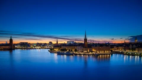 Midnight Blue hour Sunset time lapse of Gamla Stan island in Stockholm, Sweden Stock Footage 95977705