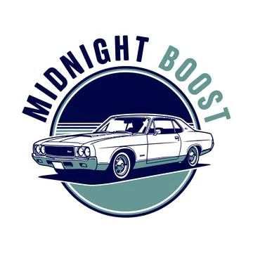 Midnight Boost logo featuring a vintage car in a circular design tshirt design Stock Illustration