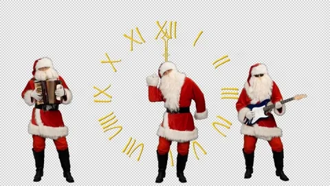 Midnight on clock Santa Clause appear and start dancing and playing music, alpha 스톡 동영상 227320506