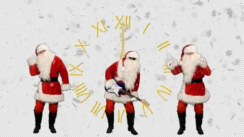 Midnight on clock Santa Clauses appear and start dancing playing guitar, Alpha Vídeo Stock 227727290