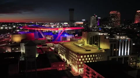 Midnight drone flight over downtown New Orleans Louisiana featuring lights Stock Footage 344537456