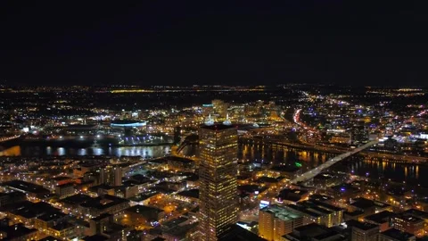 Midnight drone flight over downtown Portland Oregon displaying city lights Stock Footage 344639415