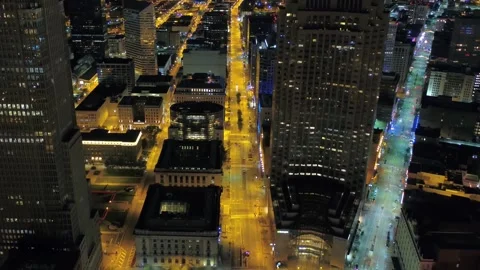 Midnight drone flight over downtown Cleveland Ohio showing amazing skyline Stock Footage 344780511