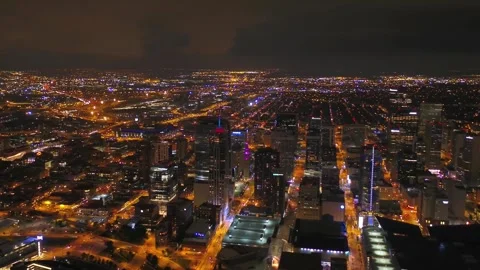 Midnight drone flight over downtown Denver Colorado showing amazing skyline Stock Footage 344783757