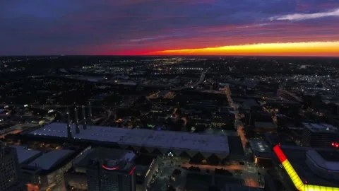 Midnight drone flight over downtown Kansas City Missouri showcasing city scene Stock Footage 344794436