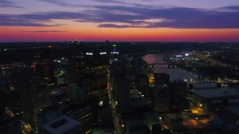 Midnight drone flight over Pittsburgh Pennsylvania, Monongahela River Stock Footage 344631384