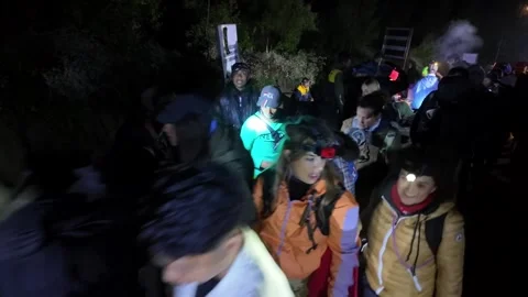 Midnight Hike Through Ijen Volcano Crater With Headlamps Stock Footage 345144581