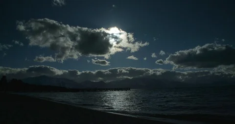 Midnight moon hidden behind clouds of lake. Stock Footage 109260712