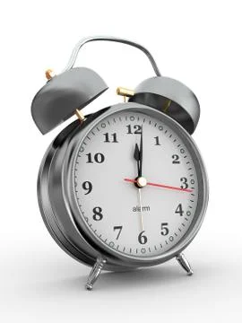 Midnight. old-fashioned alarm clock on white background. 3d Stock Illustration