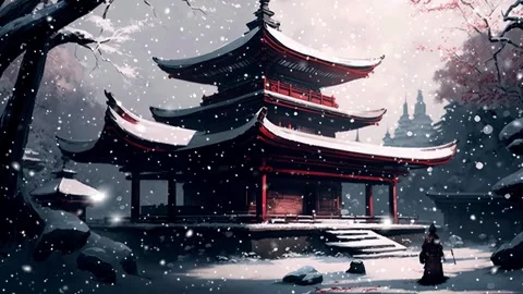 Midnight snowflakes fall slowly onto the red roof of a pagoda in Japan. Stock Footage 241431951