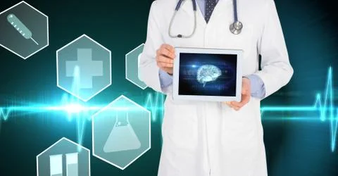 Midsection of doctor showing brain structure on tablet PC against virtual screen 스톡 사진