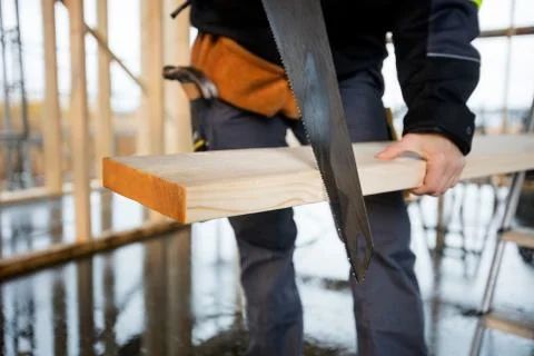 Midsection Of Female Carpenter Using Saw To Cut Plank Foto stock
