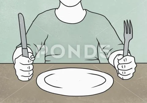 Midsection of man holding fork and knife at table Stock Illustration