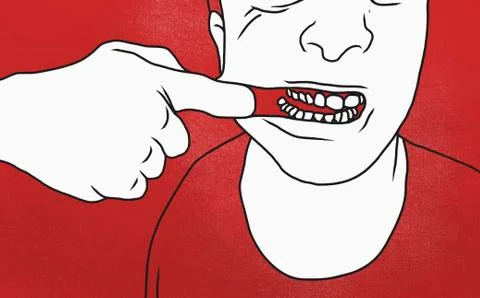 Midsection of man pulling mouth against red background Illustrazione stock