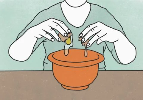 Midsection of person cracking egg into bowl against colored background Stock Illustration