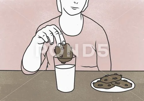 Midsection of woman dunking cookie in milk at table against colored background Stock Illustration