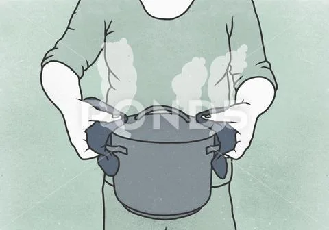 Midsection of woman holding cooking pot against colored background Stock Illustration