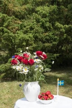 Midsummer decorated table in Sweden Stock Photos
