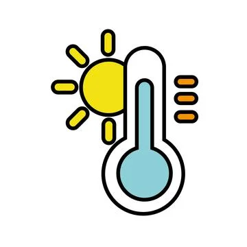Midsummer thermometer icon. High temperature thermometer and sun. Vector. Stock Illustration