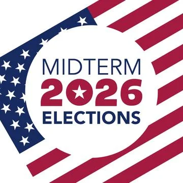 Midterm 2026 Elections Badge with Torn Flag Circle Frame White Background Stock Illustration