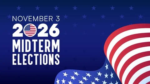 Midterm Elections 2026 Banner on Blue Background with Flag Wave Illustrazione stock